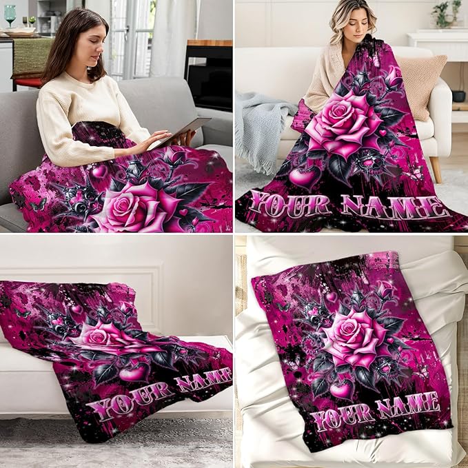 Personalized Rose Blanket - 30" x 40" Flower Gifts for Girls, Kids - Black Flannel Throw Stuff for Sofa, Travel