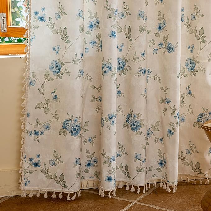 ENJOYBRIDAL Blue Floral Curtains 84 Inch Long Bedroom Cute Drapes Rod Pocket Boho Semi Sheer Rustic Window Curtain Panels Floor Length Living Room Farmhouse 2 Panels Vintage Window Treatments