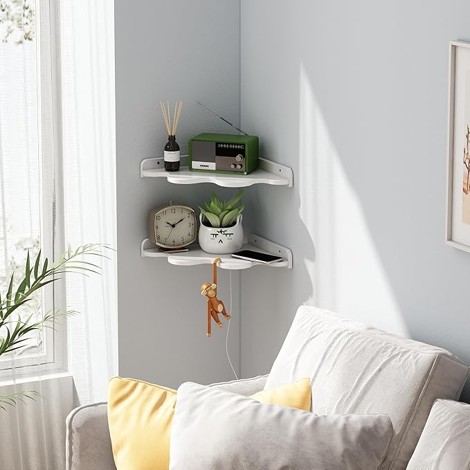 Cloud Corner Shelf Wall Mount, 2-Tier Floating Wavy Corner Wall Shelves with Cord Hole, White Funky Corner Shelves for Kid’s Room, Cute Shelves Display for Nursery,Bedroom,2 Sizes in One Set.