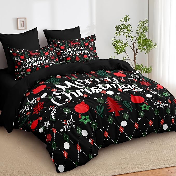 Christmas Duvet Cover King Size Black Christmas Tree Bedding Set Kids Boys Girls Happy Holiday Xmas Comforter Cover 3 Pieces with Zipper Closure (No Comforter)