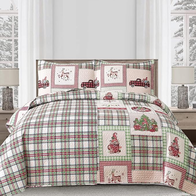 Christmas Bedding Set Queen Quilt Bedspread Coverlet,Plaid Patchwork Christmas Quilt Bedding Holiday Xmas Bedspread Lightweight Reversible Gnome Santa Claus Home Festival Decor