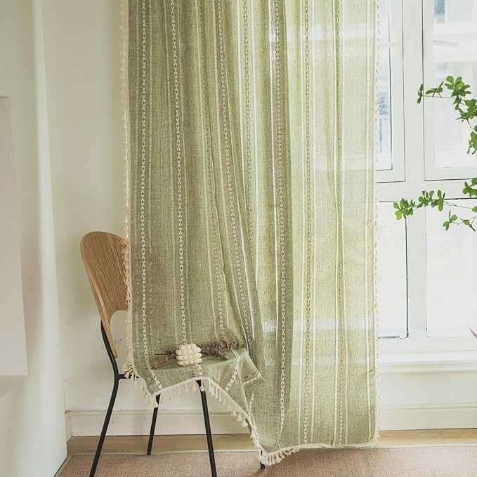 Deeprove Green Boho Curtains 96 Inches Long for Bedroom Dining Room Kitchen Closet, Bohemian Chic Textured Embroidery, Vintage Handmade Tassels Christmas Decor Drape, Rod Pocket, 1 Panel W52 x L96