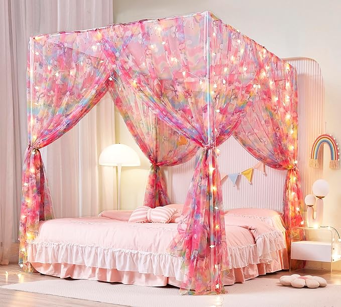 Mengersi Unicorn Bed Canopy for Girls Canopy Bed Curtains with Lights-Canopy for Bed - Bed Netting Canopy for Girls Room Decor,Full Size