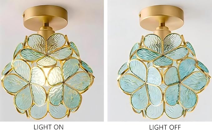 7.9 Inch Petal Ceiling Light, Tiffany Style Metal and Glass Ceiling Light, Modern Ceiling Light with E27 Base for Hallway, Entryway, Bedroom - Blueish Green