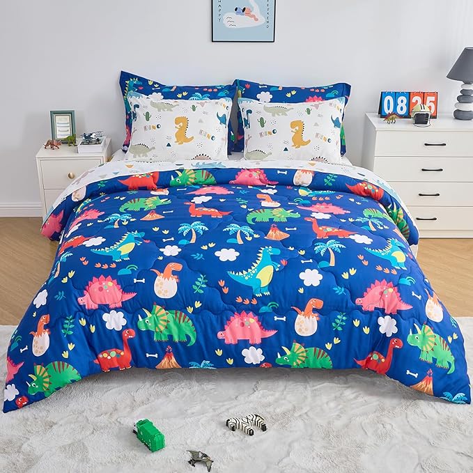 Wajade 7 Piece Kid Boys Dinosaur Comforter Set Full Size 3D Blue Dinosaur Wild Park Jungle Print Bedding Set with Comforter, Sheet Set, Pillowcase and Sham
