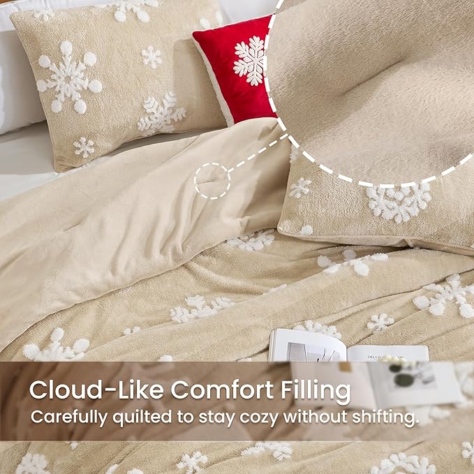 Amélie Home Christmas Comforter Set King, Beige Snowflake Comforter Set, Super Soft Fluffy Fleece Bedding Set for Winter, 3 Pieces, 1 Cozy Comforter and 2 Pillowcases