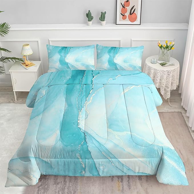 Comforter Set Blue Marble: Full Size Aqua Blue Bedding Sets for Teen Girls Kids Women Bedroom Abstract Baby Blue Marbling Quilt Bed Set 1 Comforter & 2 Pillowcases
