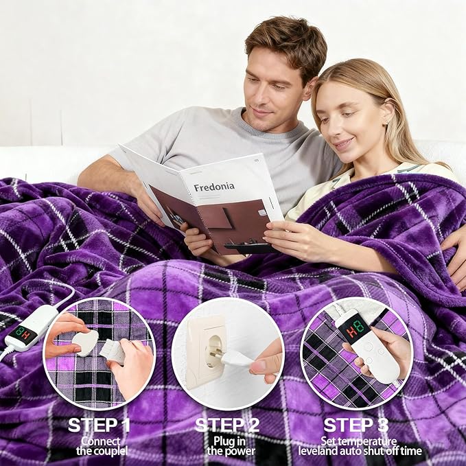 Electric Blanket Heated Twin, Soft Flannel 62"x84" Plaid Heating Blanket with 8 Hours Auto Off 10 Fast Heating Levels Machine Washable Sherpa Heated Blanket with Overheating Protection