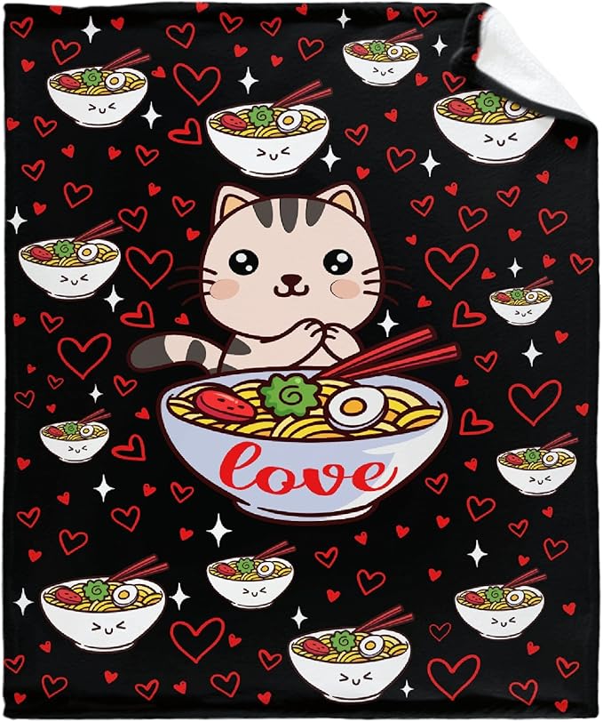 Thuswarm Kawaii Ramen Cat Red Heart Love Flannel Throw Blanket Warm Cozy Soft Funny Print Blankets for Bed Couch Sofa Room Decoration Gifts 50"×40" Small for Kid