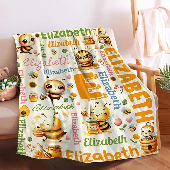 Personalized Custom Honey Bee Preschool Blanket Gifts for Baby Toddler Kids Boys Girls - Customized Honey Bee Super Soft Lightweight Flannel Sheets Decor for Crib Nap Couch - 40"x50" for Kids/Children