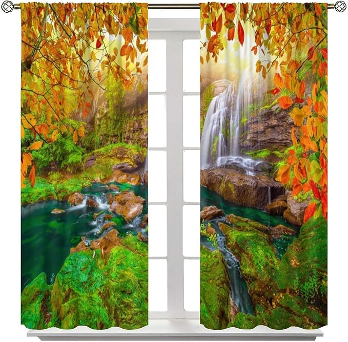 Waterfall Blackout Curtains, Waterfall Landscape Autumn Nature Leaves Forest Window Drapes, for Bedroom Living Room 72" W X 63" L