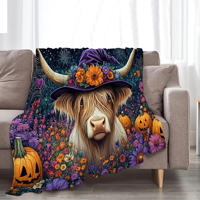 Tijuboni Halloween Highland Cow Pumpkin Throw Blanket for Girls Boys Women Men Kids Adults Soft Flannel Fleece Blanket for Couch Sofa Bed Home Decor 40"x50"