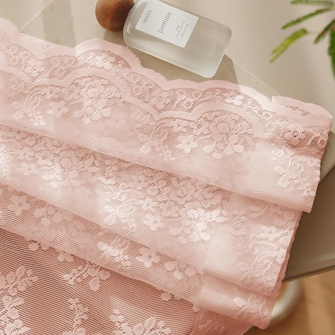 Anmao Vintage Lace Curtains 84 Inches Long 2 Panels Set, Romantic Elegant Light Filtering Semi Sheer Floral Thick Lacy Curtain Drapes for Living Room and Bedroom, Each Panel 55W x 84L, Blush Pink