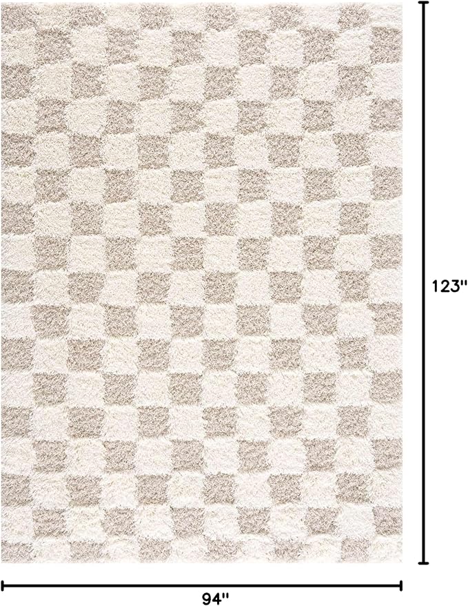 BoutiqueRugs Atira Modern Checkered Shag Area Rug - High Pile Fluffy Shaggy Carpet for Kids Room, Living Room, Bedroom - Beige, Cream, White - 7'10" X 10'3" (8x10)