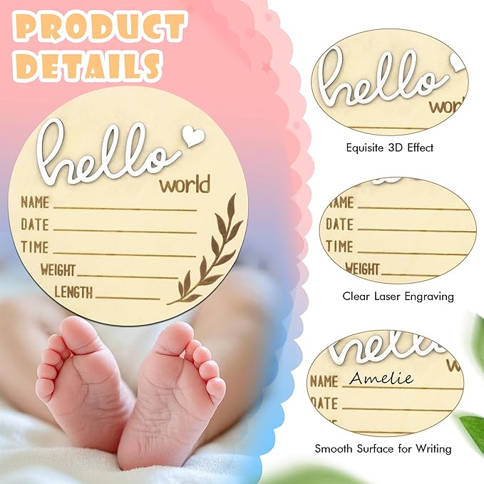 Hello World Newborn Sign, 5.9 Inch Baby Announcement Sign Welcome Board Wooden Name Birth Announcement Plaque for Baby Shower Photo Props Hospital Nursery