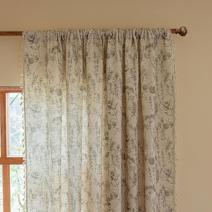 ENJOYBRIDAL Floral Curtains 84 Inch Long Vintage 2 Panels Drapes Rod Pocket Semi Sheer Rustic Bedroom Window Curtain Panels Boho Tassel Living Room Farmhouse Botanical Window Treatments