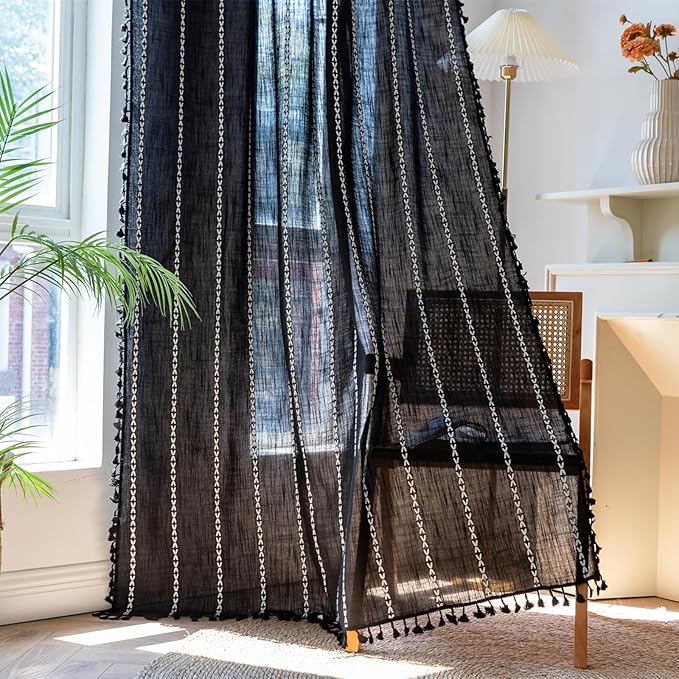 Deeprove Black Boho Curtains 63 inches Length for Kitchen, Vintage Bohemian Embroidery Farmhouse Cotton Linen French Country Tassel Window Treatments Gothic Halloween Decor, W52 x L63, 1 Panel