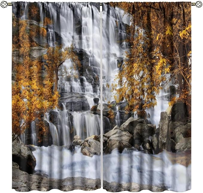 Autumn Tree Leaf Blackout Curtains, Landscape Nature Forest Lake Waterfall Rod Pocket Window Drapes, for Bedroom Living Room 63" W X 63" L