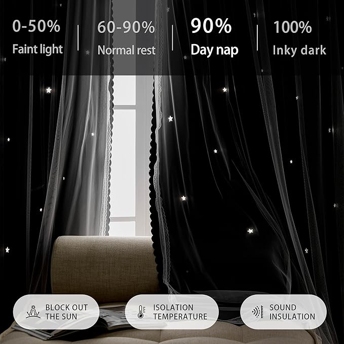 XiDi Star Curtains for Bedroom, Girls & Kids Room Decor, Unicorn & Blackout Curtains 84" Long 2 Panel Grey