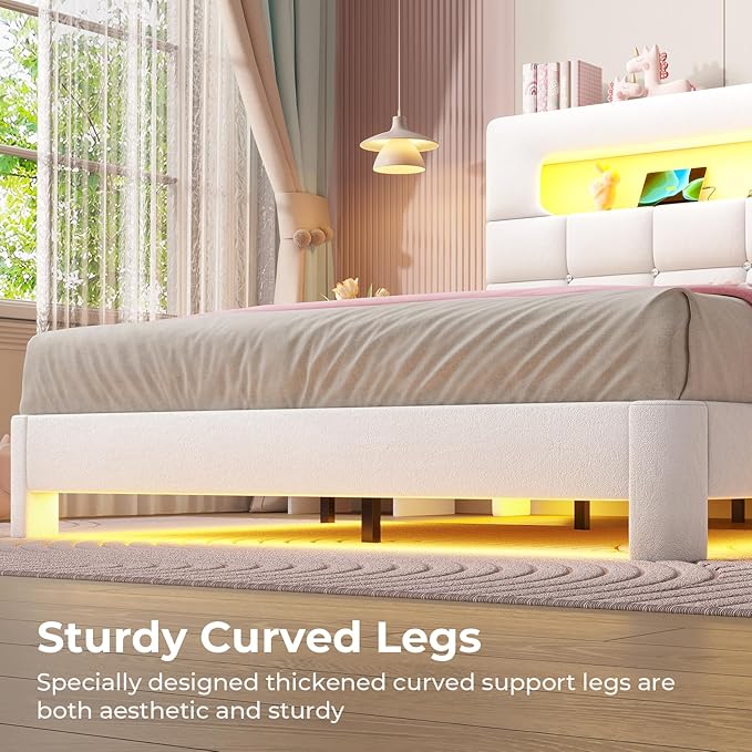 MSmask Full Upholstered LED Bed Frame with 2-Tier Storage Bookcase Headboard, Velvet Princess Bed with Crystal Button Tufted Headboard & Charging Station, Girls Platform Bed, Curved Legs, White