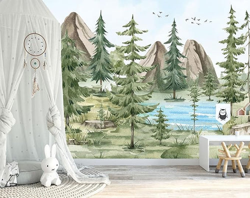 -Watercolor Green Pine Mural Cartoon Forest Fabric Wallpaper Children's Room 100" x 65"(Not Peel and Stick)