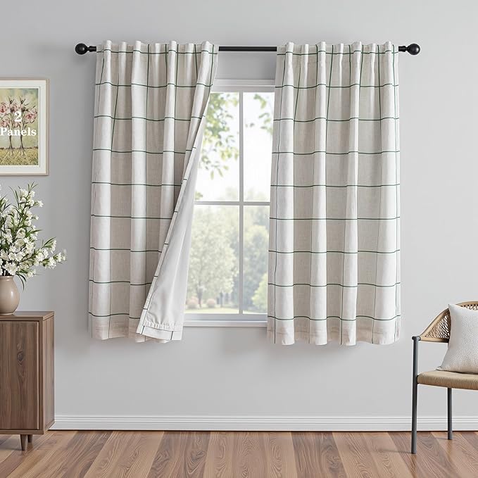 MYSKY HOME 100% Blackout Plaid Linen Curtains 63 Inches Long Double Layer Farmhouse Thermal Insulated Checkered Print Drapes with Rod Pocket Back Tab for Bedroom Living Room, 2 Panels, 52"Wide, Green