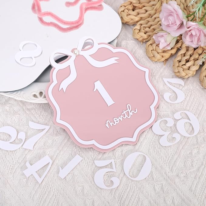 Pink Acrylic 1 to 12 Months Milestone Cards - Little Princess First Year Photo Props,Double Sided Monthly Growth Record Sign,Newborn 1st Birthday Milestone Board,Bow Nursery Decorations