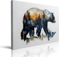 Bear Silhouette with Mountain Landscape Canvas Wall Art - Framed Nature Inspired Painting, Wildlife Forest Scene Wall Decor Artwork for Living Room, Cabin, Bedroom, Office (12x16 Inches)
