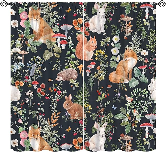 Animal Curtains, Watercolor Forest Animals Plants Pattern Blackout Window Treatments, Rod Pocket Thermal Insulated Drapes 2 Panel Sets for Bedroom Living Room, 63" W X 72" L