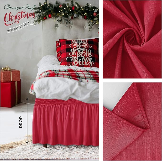 Biscaynebay Wrap Around Bed Skirts for Queen Beds with Short Drop of 12", Red Adjustable Elastic Dust Ruffles Easy Fit Wrinkle Resistant Silky Luxurious Fabric Machine Washable