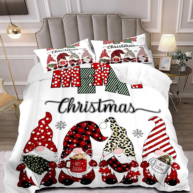 LUVIVIHOME 3PCS Merry Christmas Comforter Set King Size, Cute Gnome Bedding, Red Buffalo Plaid Striped Holiday New Year Xmas Bedding, Boys Girls Teens Kids Bedroom Decor, White Quilt, 2 Pillow Cases