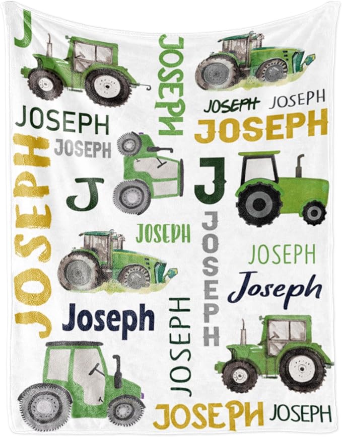Personalized Tractor Blanket with Name for Baby Boys, Custom Name Blanket Trucks for Kid, Soft Flannel Toddler Blankets Customized Gift for Newborn Baby Shower Birthday-60 x80