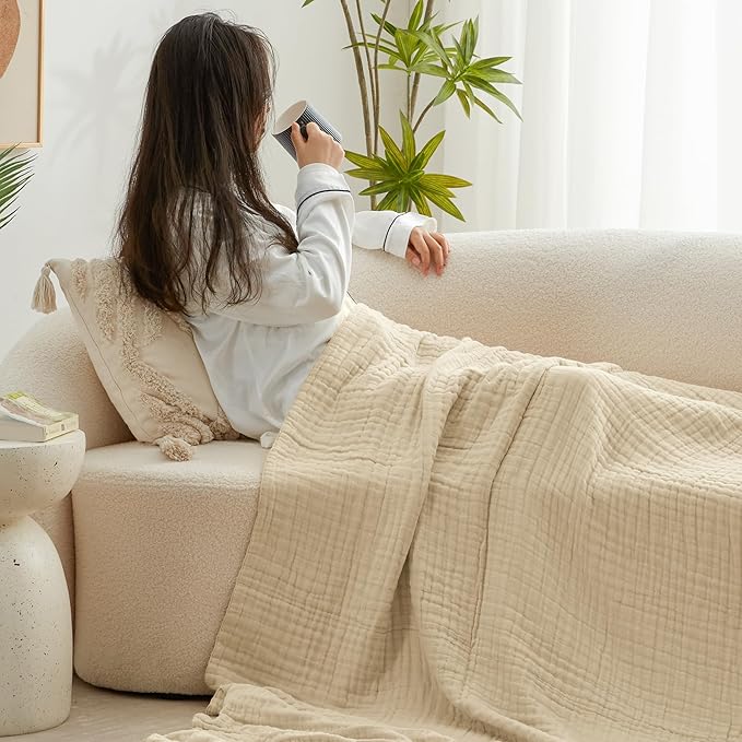 Love's cabin 6 Layer 100% Cotton Muslin Blanket, 60"x80" Twin Muslin Blanket for Couch Bed, Lightweight and Breathable Cotton Gauze for Adult, Khaki