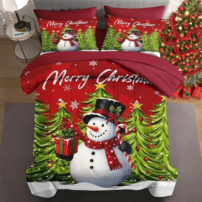 7 Pcs Full Size Christmas Comforter Set with 2 Pillowcases & 2 Shams, Red Cartoon Snowman Bedding for Kids and Adults, Funny Xmas Pine Forest Bed in a Bag with Flat Fitted Sheet