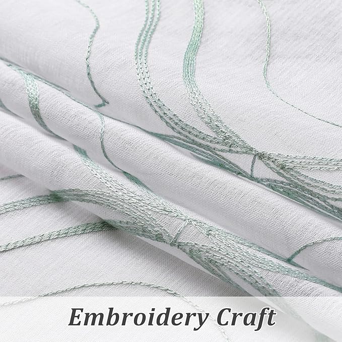 VISIONTEX White Sheer Curtains 72 Inches Long 2 Panels Set Green Moroccan Embroidered Curtains Trellis French Textured Rod Pocket Voile Tulle Semi Window Drapes for Bedroom Living Room 54 x 72 Inches