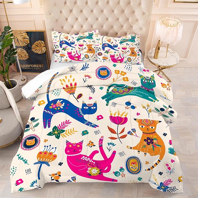 Cat Comforter Set Twin: Cute Floral Cats Twin Bedding Sets for Girls Kids Teens Toddler Cartoon Flowers Kawaii Animals Print Quilt Duvet Bed Set with 1 Comforter & 1 Pillowcase