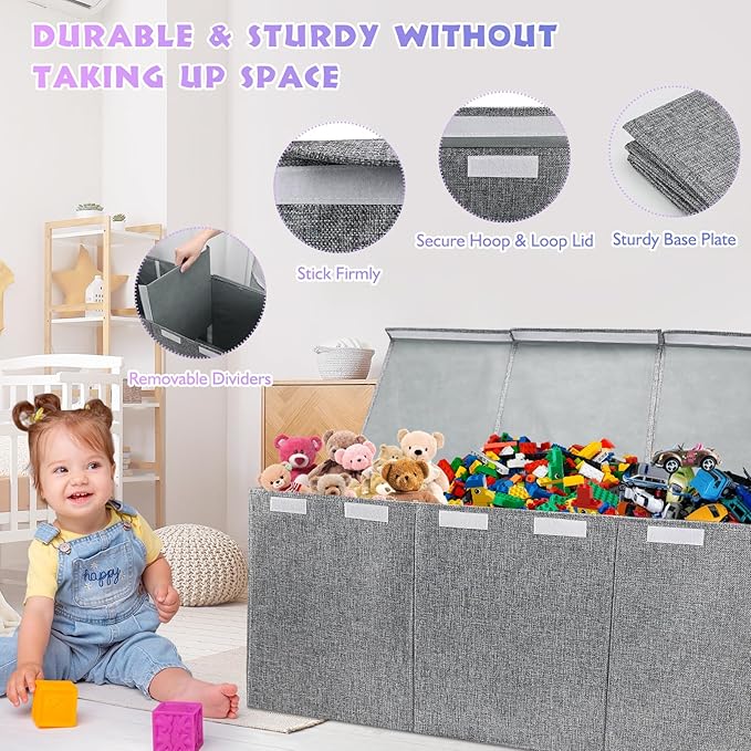 Extra Large Toy Storage Organizer with Lid, Large Toy Box Collapsible Toy Chest Storage Box Design - Toys Bin with Dividers for Kids, Nursery, Bedroom, Playroom-39.37"x13.78"x15.75''