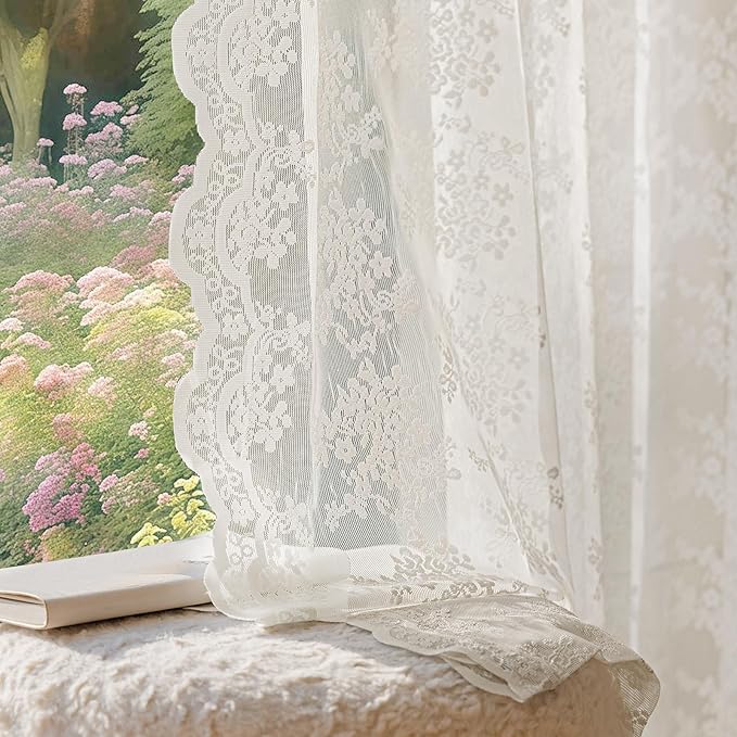 Anmao Vintage Lace Curtains 72 Inches Long 2 Panels Set, Romantic Elegant Light Filtering Semi Sheer Floral Thick Lacy Curtain Drapes for Living Room and Bedroom, Each Panel 55W x 72L, Beige Plum