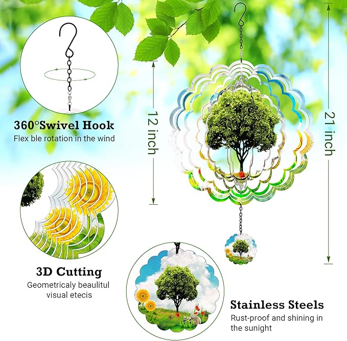 J-Fly Hanging Decor Outdoor,Outdoor Garden Decor, Wind Spinners Outdoor Colorful Green Tree Hanging Decor,Ornaments Kinetic Yard Art, for Women-Big Green Tree Wind Spinners.