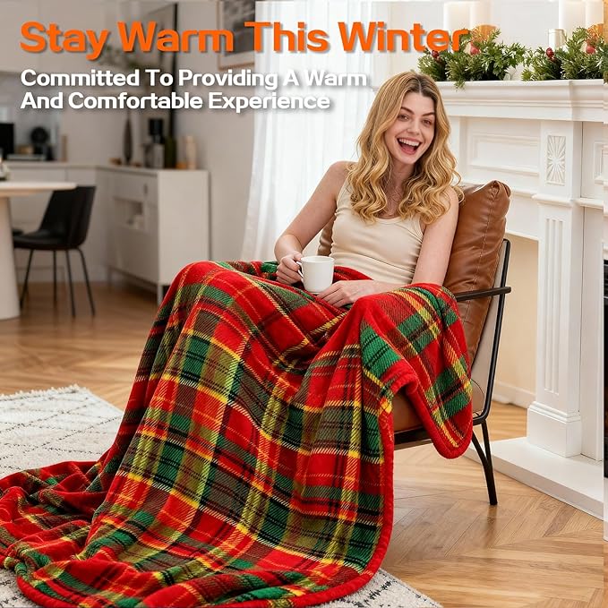 Electric Blanket Heated Twin, Soft Flannel 62"x84" Plaid Heating Blanket with 8 Hours Auto Off 10 Fast Heating Levels Machine Washable Sherpa Heated Blanket with Overheating Protection