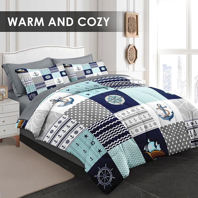 7 Pcs Full Size Comforter Set with 2 Pillowcases & 2 Shams, Nautical Blue Marine Summer Bedding for Kids and Adults, Sea Ocean Boat Plaid Bed in a Bag with Flat Fitted Sheet