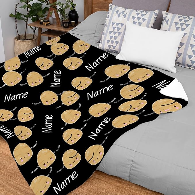Thuswarm Custom Flannel Blanket with Text Cute Potato Kawaii Black Customized Blankets Warm Unique Personalized Throw Souvenirs Gift of Love