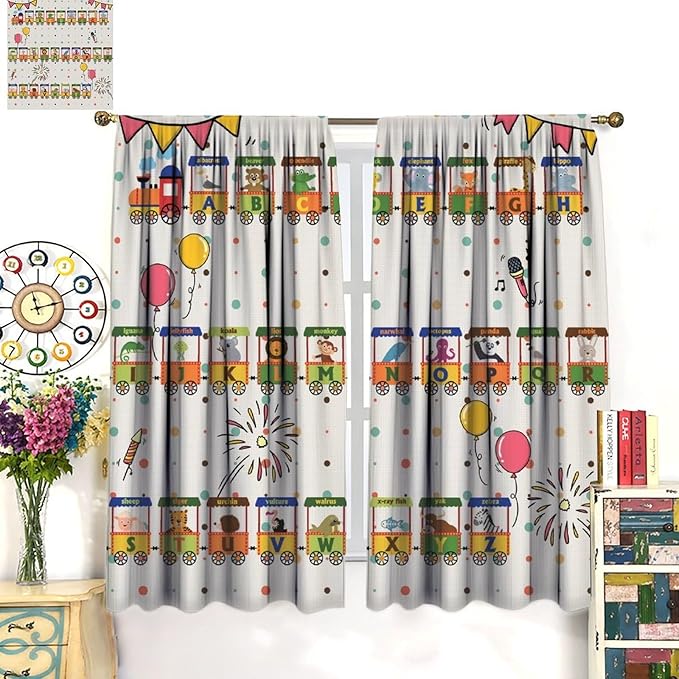 Alphabet Train Kids Curtain Animals Alphabet Children Teens Early Learning Printed Rod Pocket Blackout Window Treatments for Classroom Bedroom Nursery Playroom 42" W X 54" L