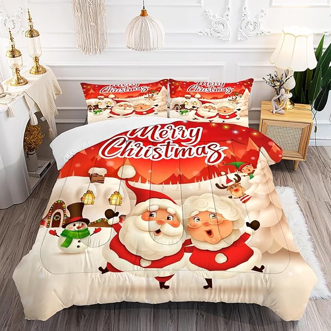 Christmas Bedding Sets King Size Comforter Set for Kids Boys Girls Bedroom Xmas Gift Christmas Festival Winter Snow Quilt Set,1 Comforter + 2 Pillow Cases