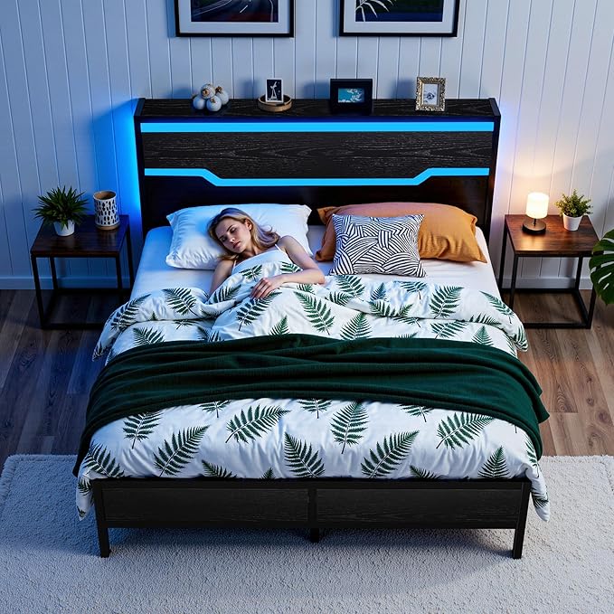 Queen Bed Frame with LED Lights & Charging Station, Bed Frame Queen Size with Headboard,13" Under Bed Storage, Noise-Free Heavy Duty Metal Support, Modern Black