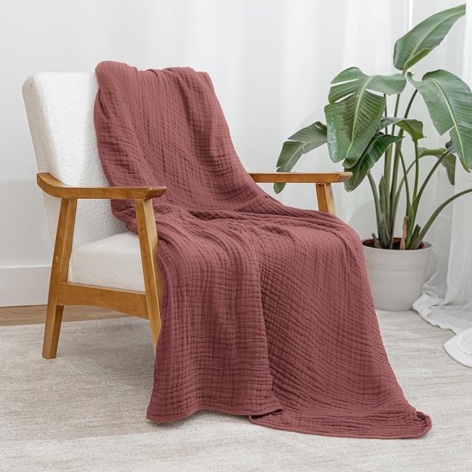 Comfy Cubs Muslin Throw Blanket - 50” x 60” Quilted Design - Lightweight, Breathable 6-Layer Gauze Fabric - Soft Cotton Blanket for Home or Travel - Packaged in Elegant Gift Box - Wine