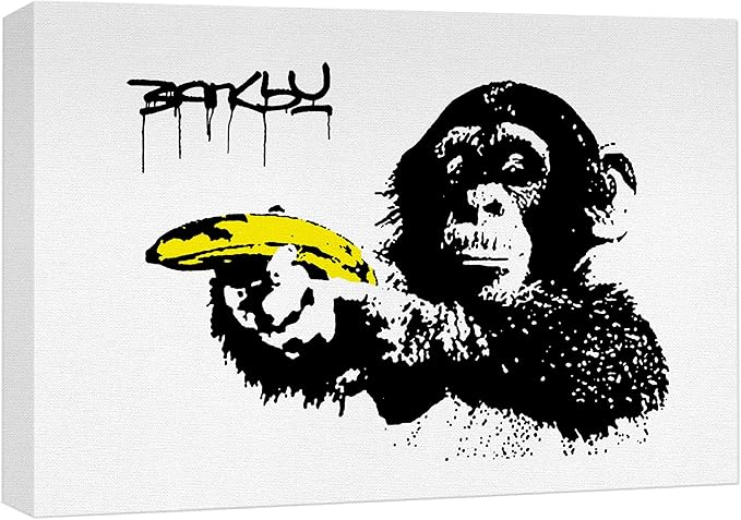 SIGNWIN Framed Canvas Wall Art Banksy Monkey with Banana Print Graffiti & Street Art Famous People Pop Art Modern Urban Multicolor for Living Room, Bedroom, Office - 32x48 inches