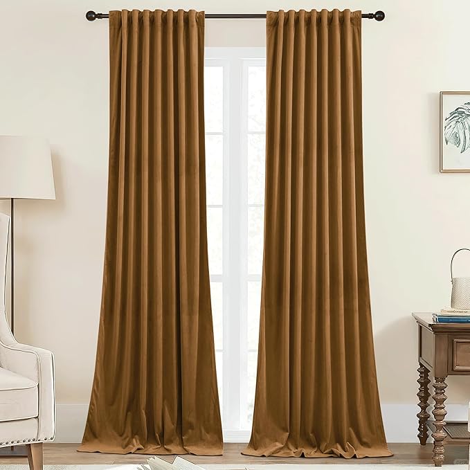 StangH Gold Brown Curtains for Bedroom Luxury Soft Velvet Room Darkening Thermal Insulated Drapes for Living Room Privacy Doorway Sliding Door Panels, W42 x L90, 2 Panels