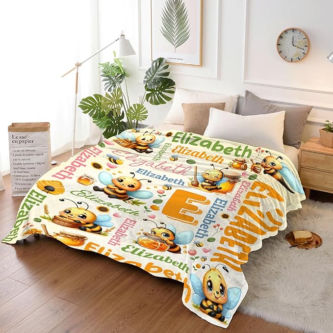 Personalized Custom Honeybee Blanket Gifts for Kids Boys Girls with Name - Customized Honeybee Super Soft Lightweight Flannel Sheets Decor for Crib Nap Couch - 60"x80" for Adult