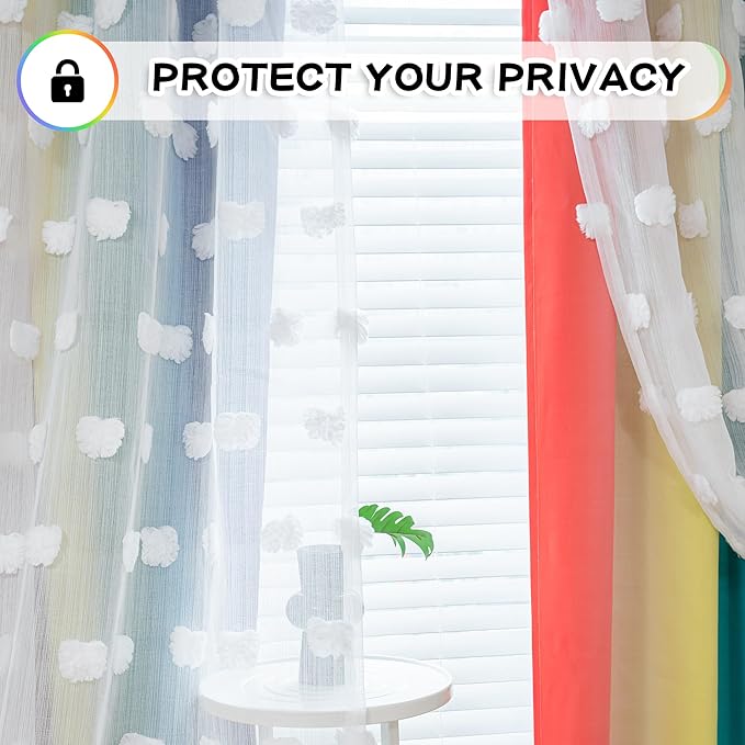 MYSKY HOME Rainbow Curtains for Boys Bedroom Kids Curtains 54 Inches Length White Pom Pom Sheer Small Window Curtains Nursery 2 Panels Double Layer Curtains Grommet Room Darkening Curtains, W52 X L54